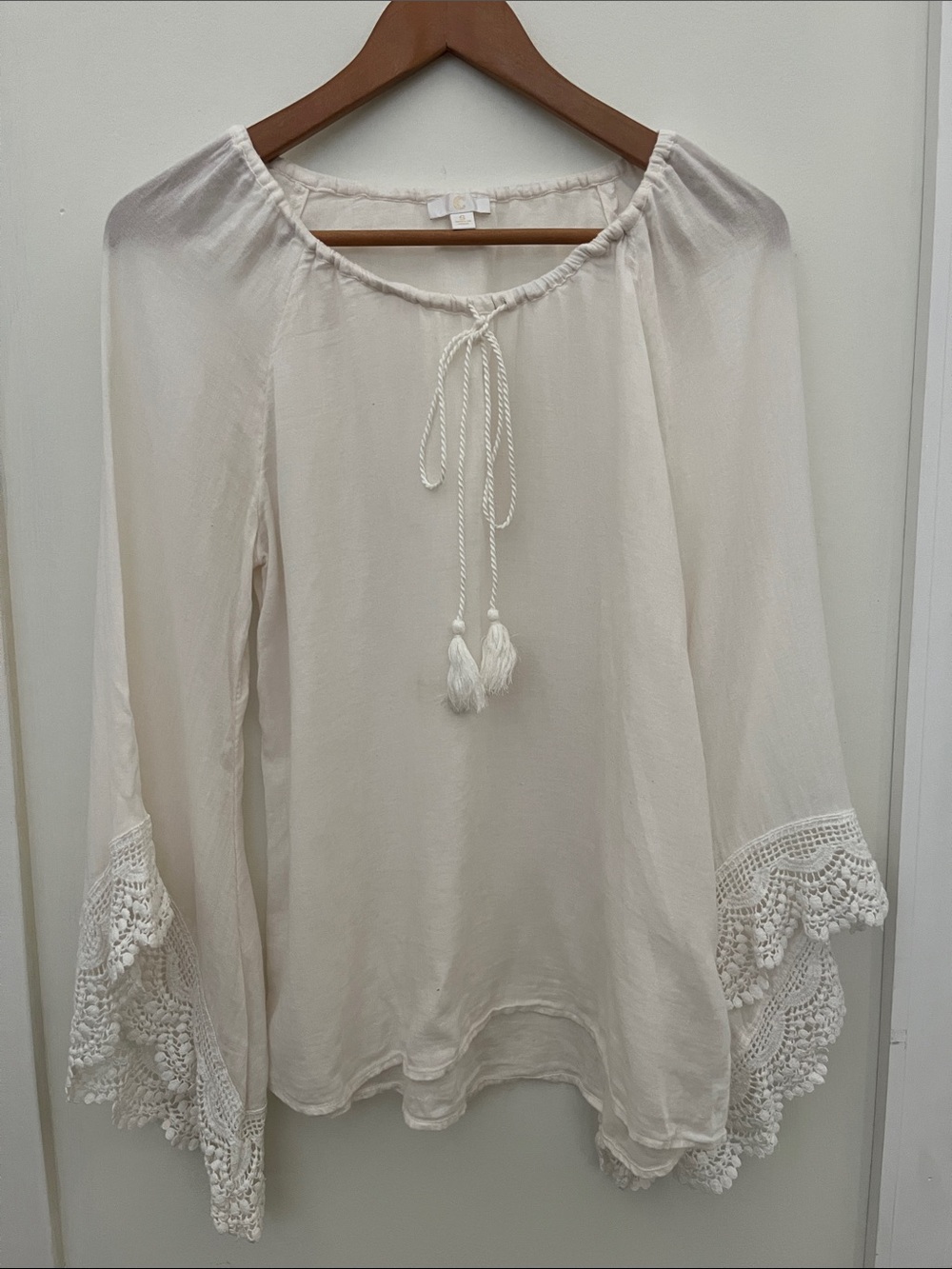 Boho Lace-Trim Peasant Top - Cream - Picture 1 of 5